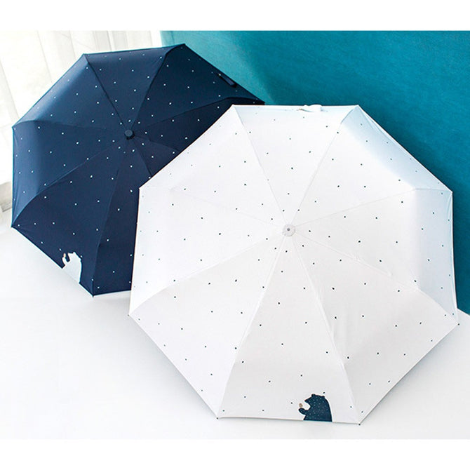 Full Automatic Windproof Travel Umbrella With Black Coating Bear Dot Printed Three-folding Sunny And Rainy Umbrellas White