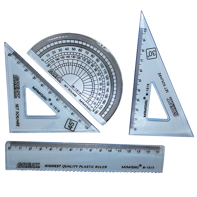 Straightedge + Right Triangle + Isosceles Triangle + Protractor 4-in1 Set for Student / Teacher / Engineer