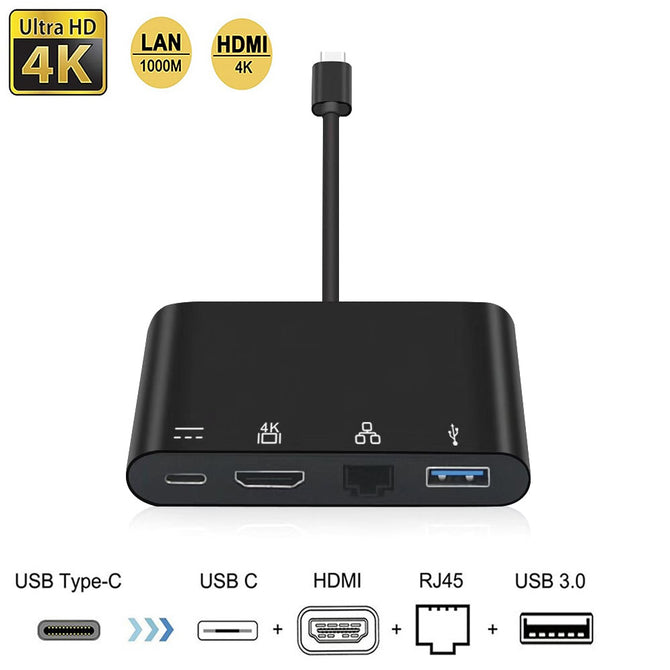Cwxuan 4 in 1 USB-C Hub Adapter, USB 3.1 Type C to HDMI 4K+Gigabit Ethernet RJ45 +USB 3.0 Multilport Digitatal Video Converter