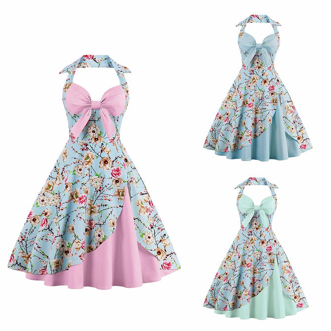 Summer Dress Halter Bow Strapless Patchwork Vintage Sleeveless Party Floral Printed Dresses For Women Pink/XXL