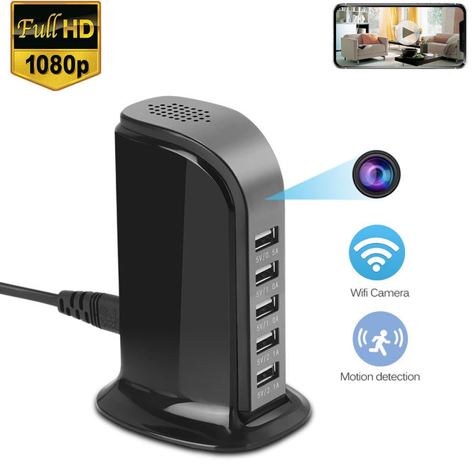 Desktop Wireless 5-Port USB Charger With Hidden Camera For Home / Office Use Black