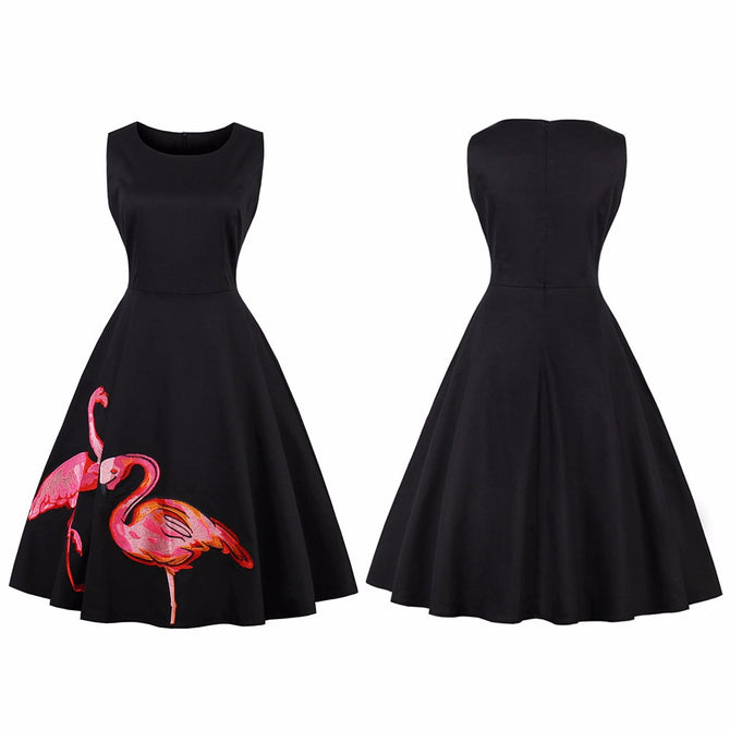 Autumn Large Size Vintage Hepburn Style Flamingos Embroidery Sleeveless Knee-Length Long Dress Black/4XL
