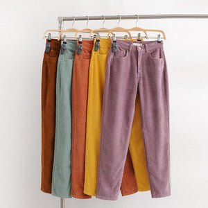 Vintage Macaron Color Corduroy Pants Women Mid Waist Ankle Length Loose Harem Trousers Casual Long Pants Brown/M