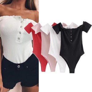 Fashion Wilds Skinny Solid Color Bodysuits Sexy Off Shoulder Button T Shirts Tight Triangle Piece Briefs Jumpsuits White/S