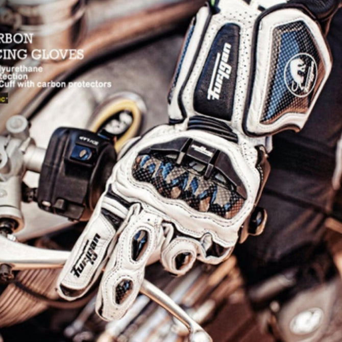 Carbon Fiber Motorcycle Gloves, Full Finger Leather Glove Men\'s Cycling Racing Moto Motorbike Luvas White/L