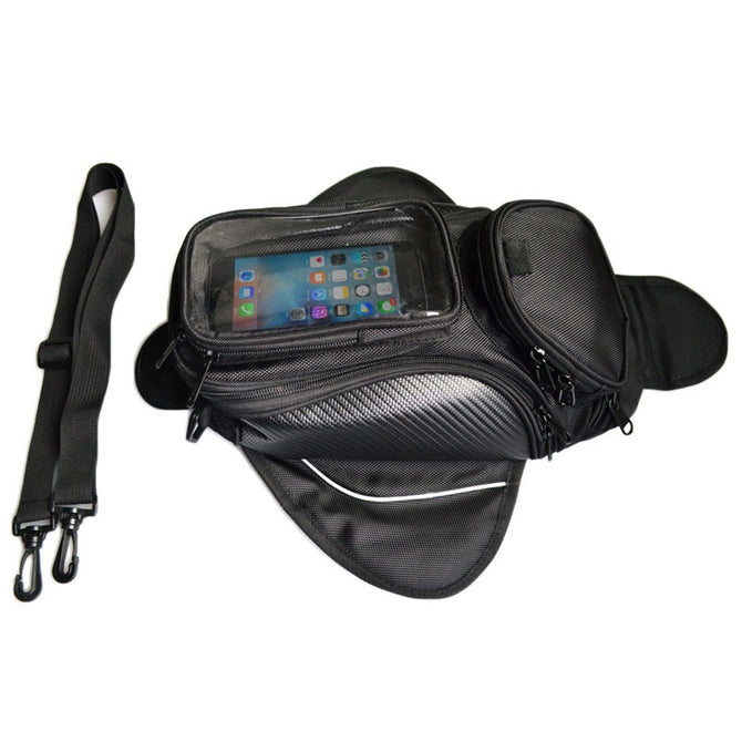 Outdoor Riding Motorcycle Tank Bag Multi-pocket Nylon Zipper Storage Bag With Large Transparent Mobile Phone Touch Pouch Black