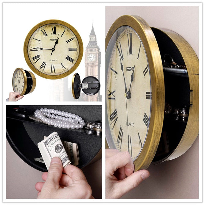 Retro Plastic Hidden Secret Wall Clock With Secret Compartment Hidden Safes, Money Jewelry Storage Box Container Gold