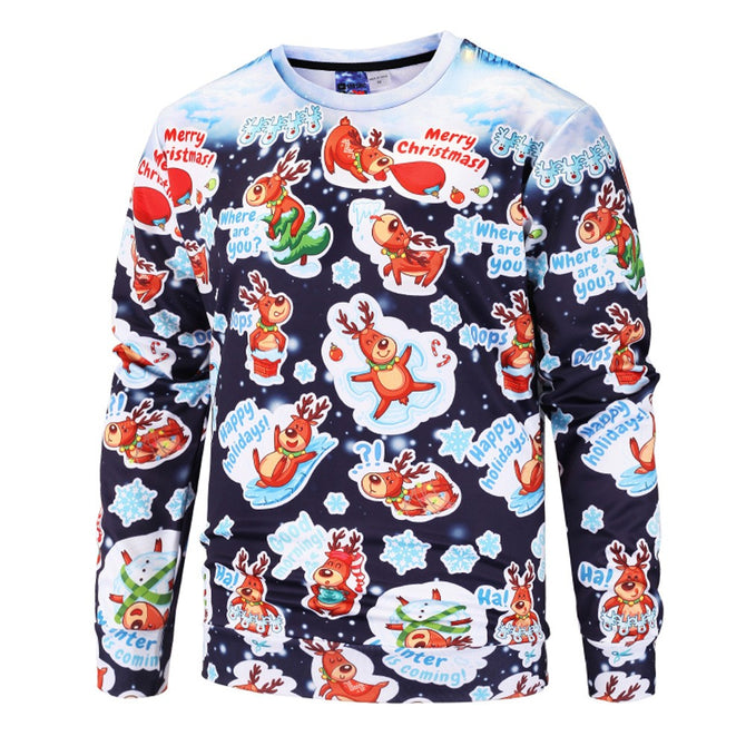 Reindeer Printing Novelty Christmas Xmas Fancy Causal Loose Men\'s Pullover T-Shirt Sweatshirts Blue/L