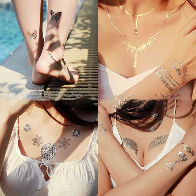 Various Patterns Metal Gold Foil Hot Silver Waterproof Temporary Tattoo Sticker M-T016~M-T036 Purple