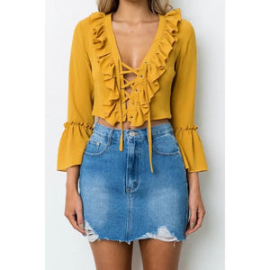 Fashion Sexy V Neck Blouse, Cross Strap Hollow-Out Tops, Flouncing Long Sleeve Shirt For Lady Yellow/M