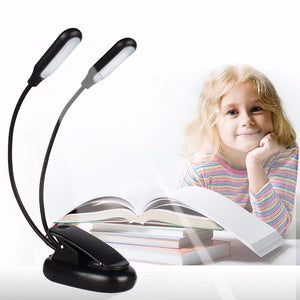 Folding Adjustable Double Head Clip Table Lamp, Battery Powered 10-LED Desk Light For Book Reading (No Cable) White/Black