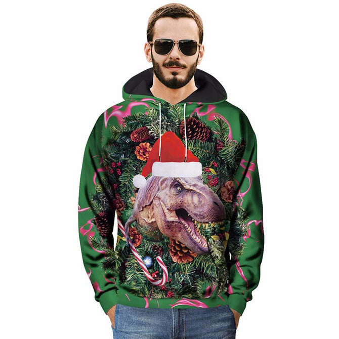 Christmas Autumn Winter Casual Hooded Hoodies 3D Print Jurassic Dinosaur Loose Sweatshirts For Men Green/M