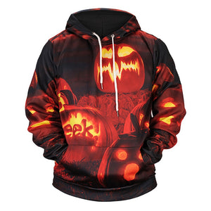 Autumn Winter Halloween Casual Hooded Hoodies 3D Print Pumpkin Lamp Loose Sweatshirts For Men Black/M