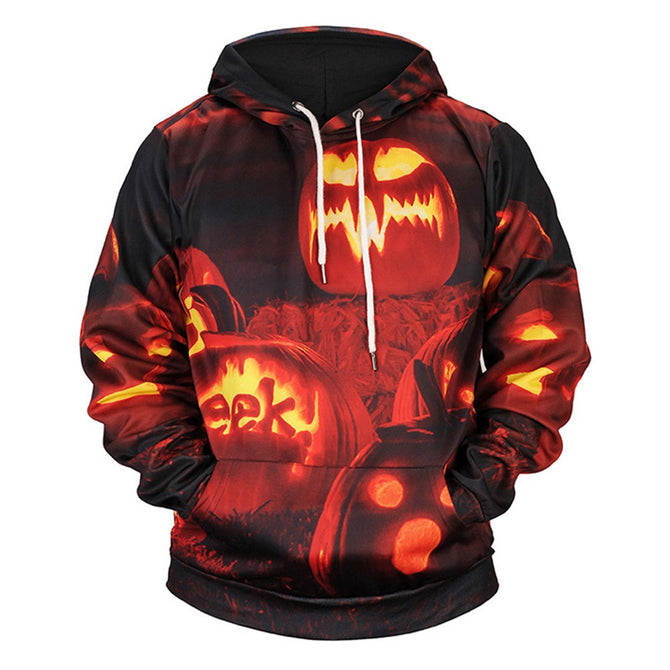 Autumn Winter Halloween Casual Hooded Hoodies 3D Print Pumpkin Lamp Loose Sweatshirts For Men Black/M
