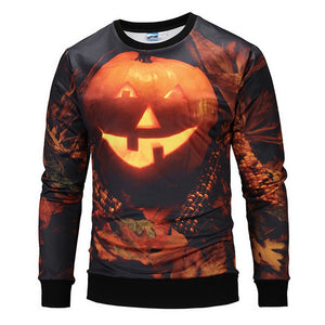 Autumn Winter Halloween Casual O-Neck Hoodies 3D Print Pumpkin Lamp Loose Sweatshirts For Men Brown/M