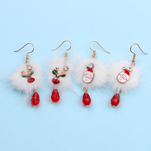 Santa Claus Plum Deer White Velvet Ball Red Crystal Drop Earring, Pendant Long Earrings Christmas Jewelry For Women Red