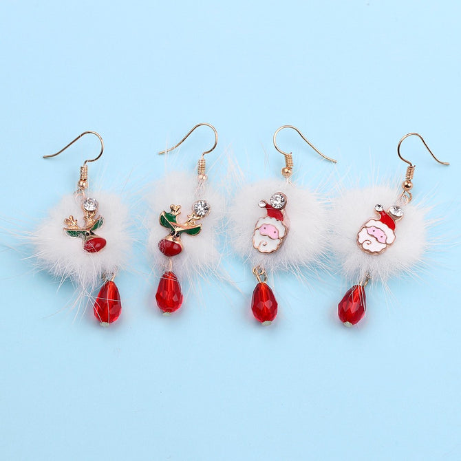 Santa Claus Plum Deer White Velvet Ball Red Crystal Drop Earring, Pendant Long Earrings Christmas Jewelry For Women Red