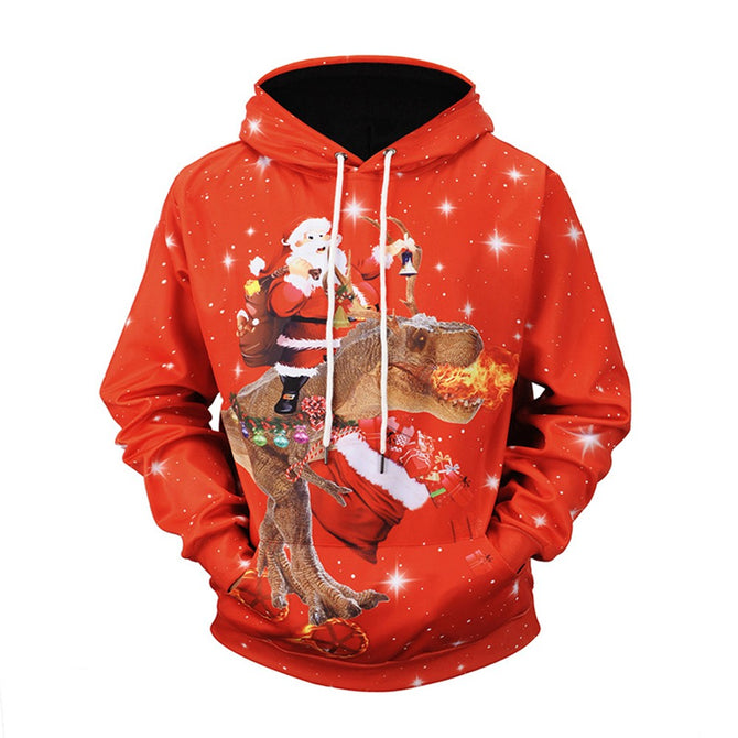 Christmas Autumn Winter Casual Hooded Hoodies Red 3D Print Santa Claus Dinosaur Loose Sweatshirts For Men Red/L