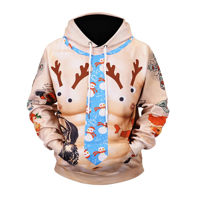 Christmas Autumn Winter Casual Hooded Hoodies 3D Print Cartoon Reindeer Loose Sweatshirts For Men Champagne/XL