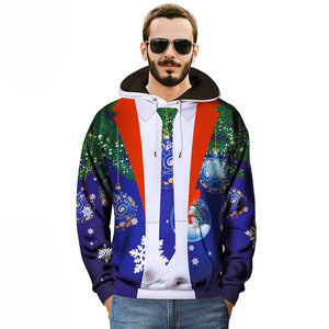 Creative Fake Two-Piece Christmas Printing Hoodies, Casual Loose Hooded Sweatshirt For Men Blue/XXXL