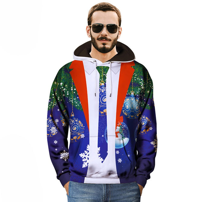 Creative Fake Two-Piece Christmas Printing Hoodies, Casual Loose Hooded Sweatshirt For Men Blue/L