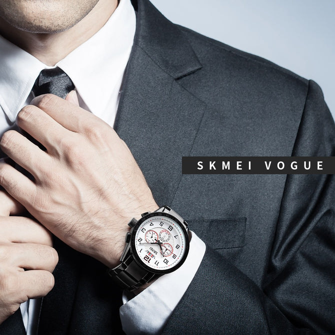 SKMEI Waterproof Round Dial Quartz Wristwatch, Men\'s Watch With 3 Sub-dials, Calendar Function White