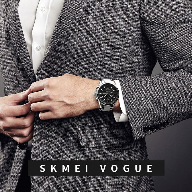 SKMEI Waterproof Round Dial Quartz Wristwatch, Men\'s Watch With 2 Sub-dials, Calendar Function Black