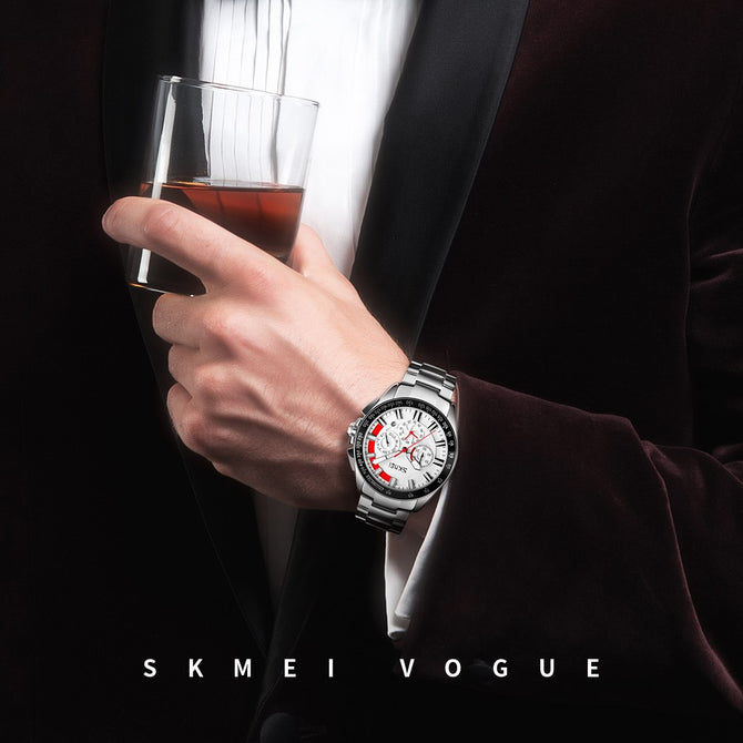 SKMEI Waterproof Round Dial Quartz Wristwatch, Men\'s Watch With 3 Sub-dials, Stainless Steel Band Black