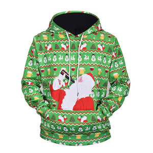 Christmas Autumn Winter Casual Hooded Hoodies 3D Print Santa Claus Loose Sweatshirts For Men L61001# Green/M