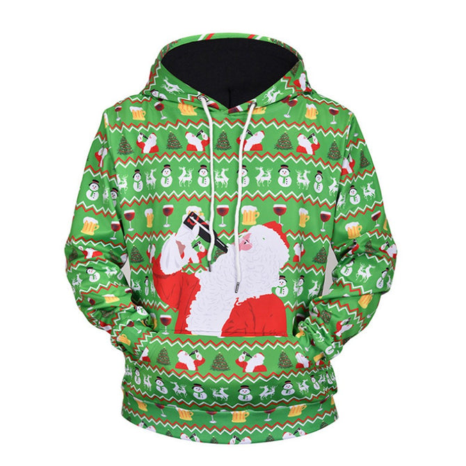 Christmas Autumn Winter Casual Hooded Hoodies 3D Print Santa Claus Loose Sweatshirts For Men L61001# Green/M