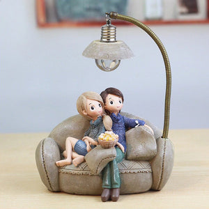 Mini Couple Resin Handicraft Decoration For Home And Bedroom, Cartoon Figures Home Decor Accessory With Nightlight Dark Khaki/M