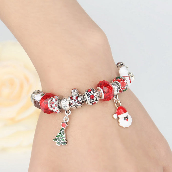 Womens Christmas Beaded Bracelet With Santa Claus And Christmas Tree Pendants, Contrasting Santa Claus Chain Bracelet Red/20cm