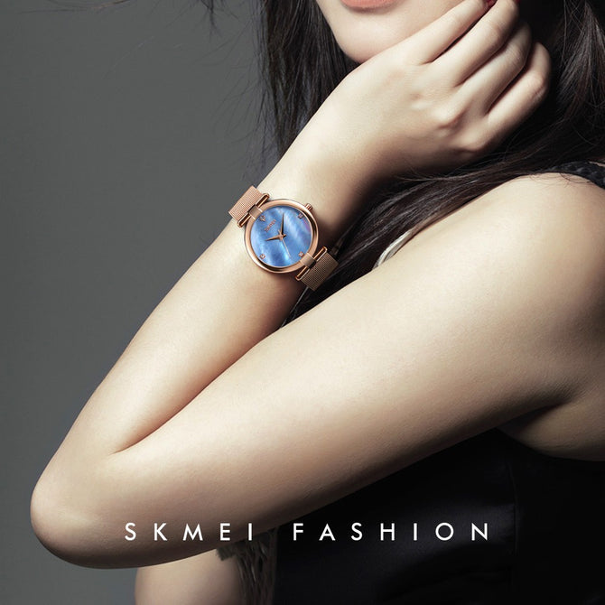 SKMEI Fashion Women\'s Watch Minimalist Style Alloy Belt Mesh Quartz Watches Pink