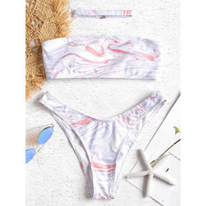 Swimwear Female Two Pieces Swimsuit Print Sexy Low Waist Women Tube Top Bathing Bikinis Set Lavender/M