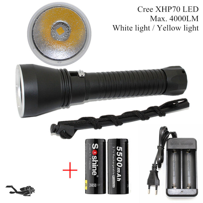 Super Brightness Cree XHP70 LED Yellow Light 4000 Lumens Diving Flashlight Tactical 26650 Torch Underwater 100M Waterproof