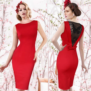 Womens Round Neck Sleeveless Dress With Openwork Details, Slim Fit Bow Pencil Dress For Women Green/S