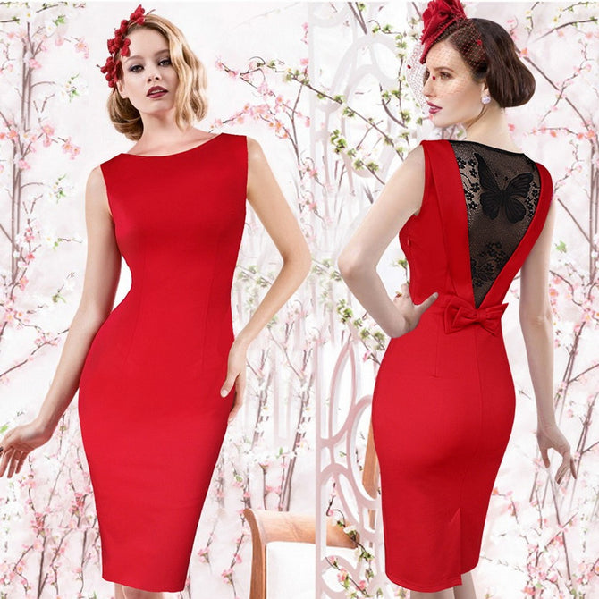 Womens Round Neck Sleeveless Dress With Openwork Details, Slim Fit Bow Pencil Dress For Women Green/S