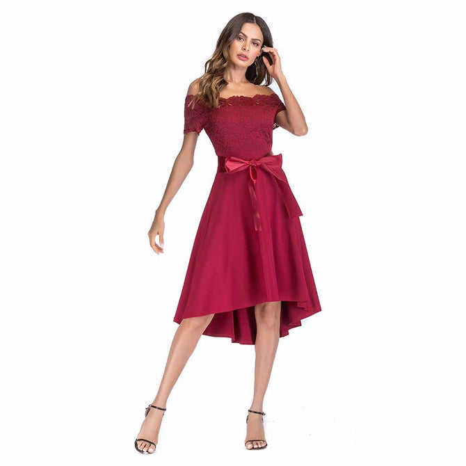 Europe And America Dress Slash Neck Lace Patchwork Bow Formal Dresses For Women Black/S