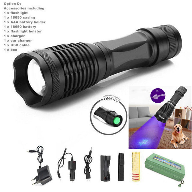 AIBBER TO High Power E007 LED Zoom UV Light Flashlight 395nm Torch UV Adhesive Curing Travel Safety Detection Lamp 18650 Battery