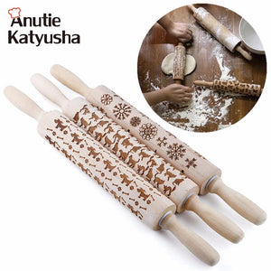 43*5cm Christmas Snowflake Wooden Rolling Pin Embossing Baking Cookies Noodle Biscuit Dough Patterned Roller Chocolate/43cm