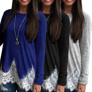 Womens Round Neck Long Sleeve T-shirt With Lace Hem, Two-tone Patchwork Knit Top For Women Black/S