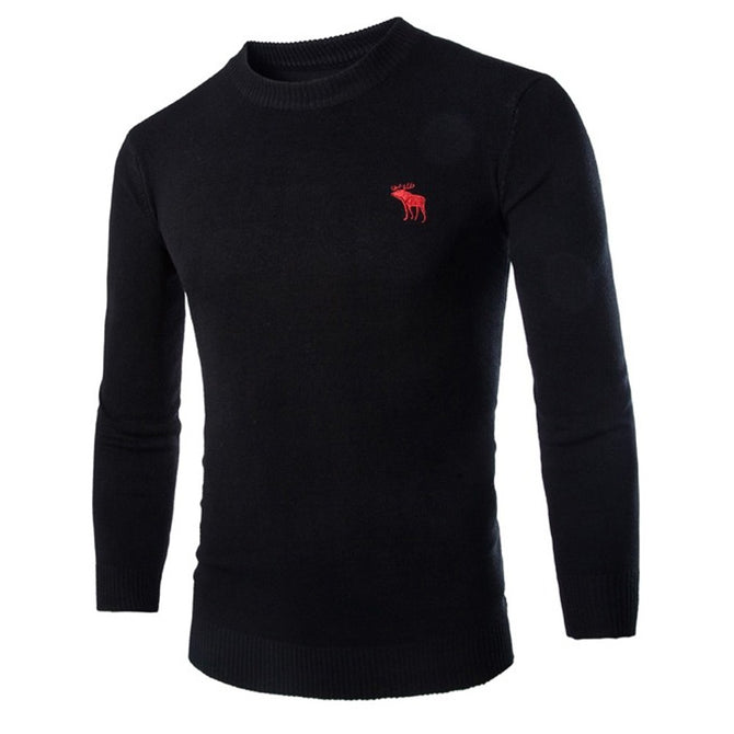 Mens Classic Round Neck Long Sleeve Sweaters, Solid Embroidered Knit Pullover For Men Black/XXL