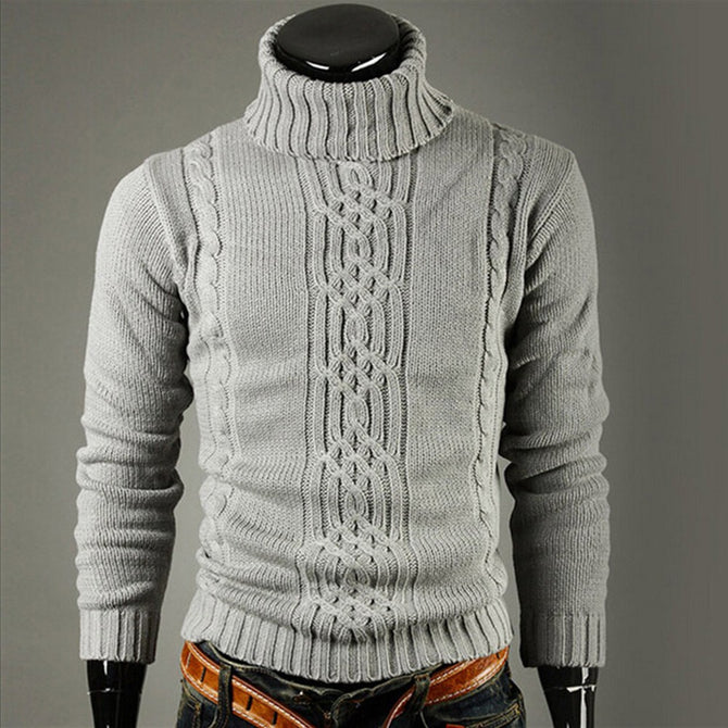 Male Pullovers Casual Slim Sweaters Solid High Lapel Jacquard Hedging Turtleneck Sweater Gray/XL