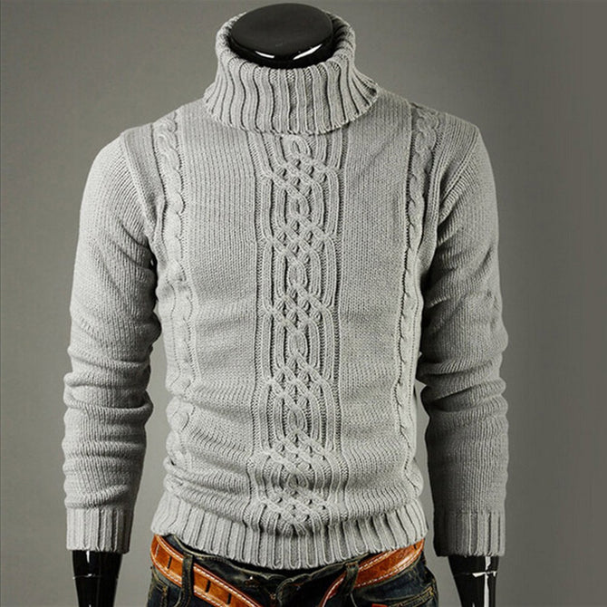 Male Pullovers Casual Slim Sweaters Solid High Lapel Jacquard Hedging Turtleneck Sweater Gray/L