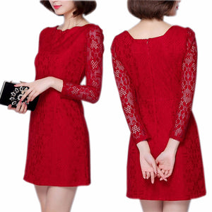 Europe And America Dress O-Neck Long Sleeve Lace Office Lady Wave Edge Slim Dresses For Women Red/XL/170
