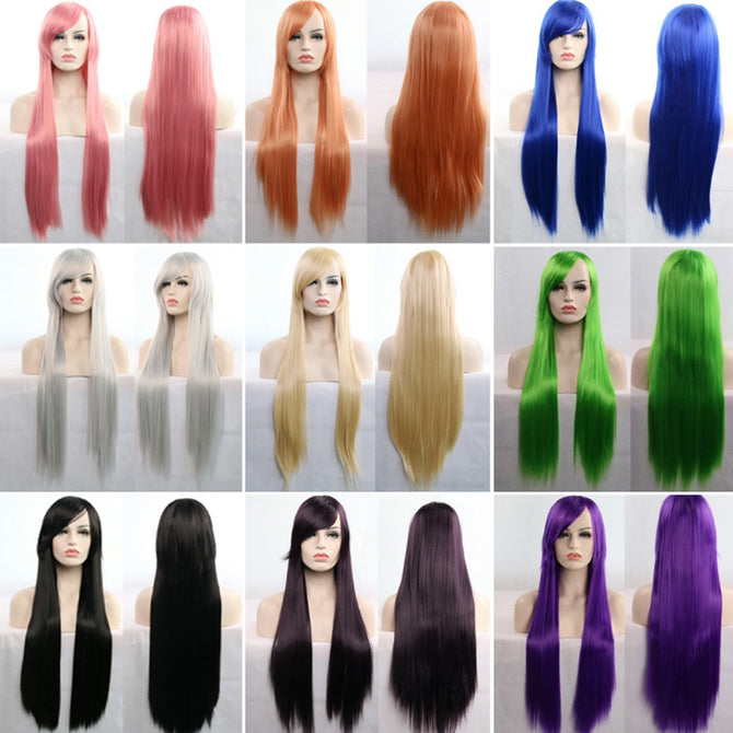 80cm Long Straight Cosplay Wigs Bangs Costume Cartoon Role Hairpiece Wig Synthetic Hair White
