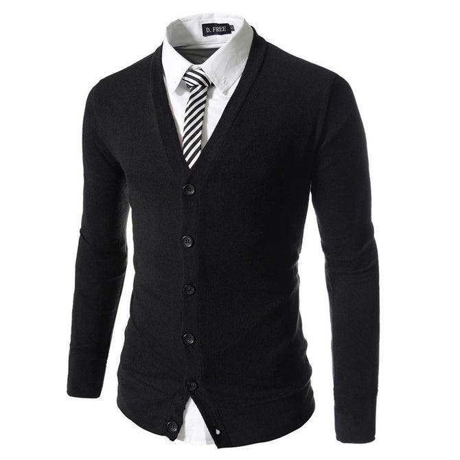 Men Cardigan Fashion Casual Slim Sweaters Business V-Neck Knitted Sweater Black/M