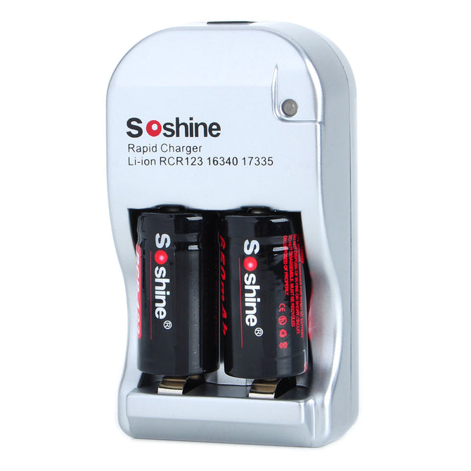 Soshine AC/Car Cigarette Lighter Powered RCR123/16340/17335/ Battery Charger w/ 2 x RCR123 Battery