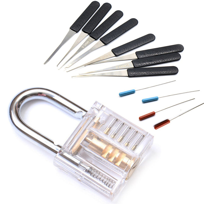 NAIERDI Transparent Visible Pick Cutaway Practice Padlock Lock with Broken Key Removing Hooks, Lock Extractor Set Locksmith Tool White Set