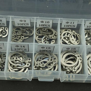 100 PCS/Lot Stainless Steel E-clip Washer Assortment Kits 8/9/10/11/12/13/14/15/16/18mm Circlip Washer Silver